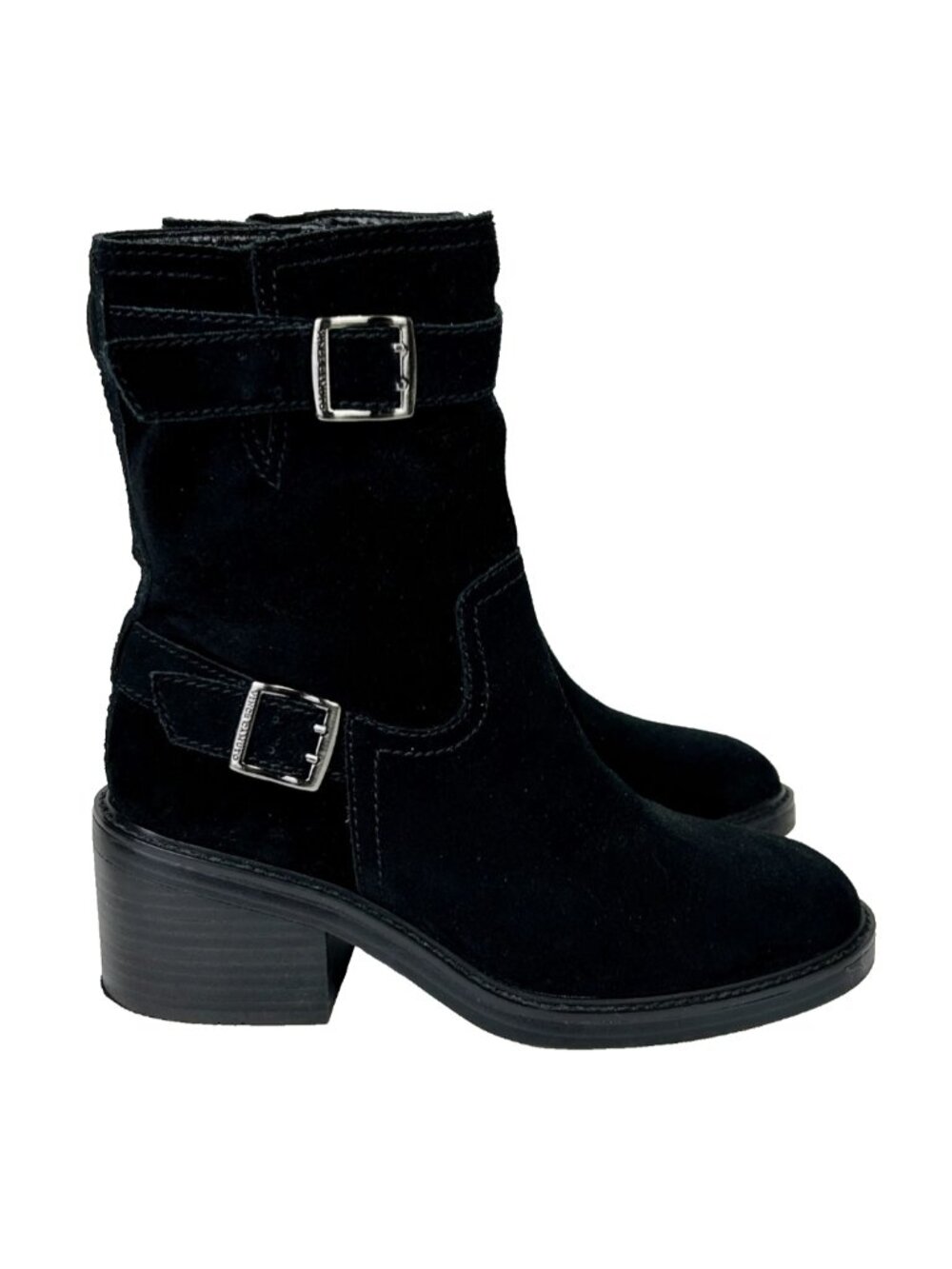 Vince Camuto Vergila Moto Biker Leather Boots Buckled Suede Black Booties 8 Shoe